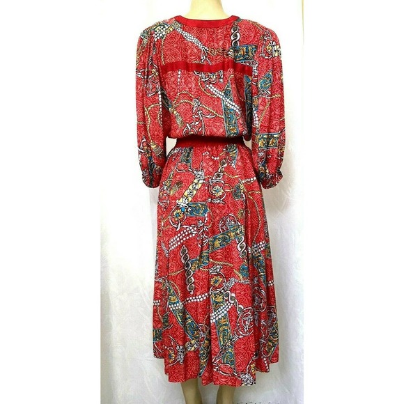 Diane Freis Silk Midi Dress Red Pearl Print 3/4 Sleeve V Neck Elastic Wa… - Picture 2 of 7